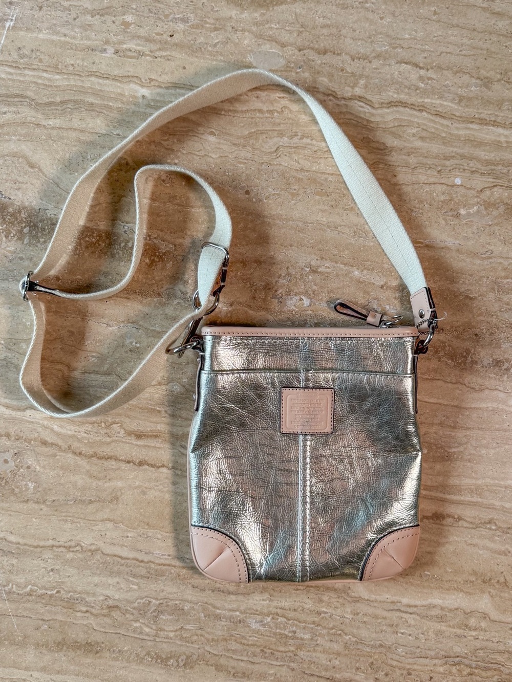 Coach - Metallic Silver Crossbody with Cream Strap